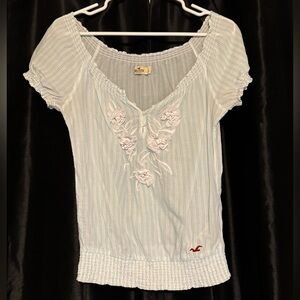 Hollister Pale Blue & White Striped Embroidered Puff Sleeve Top